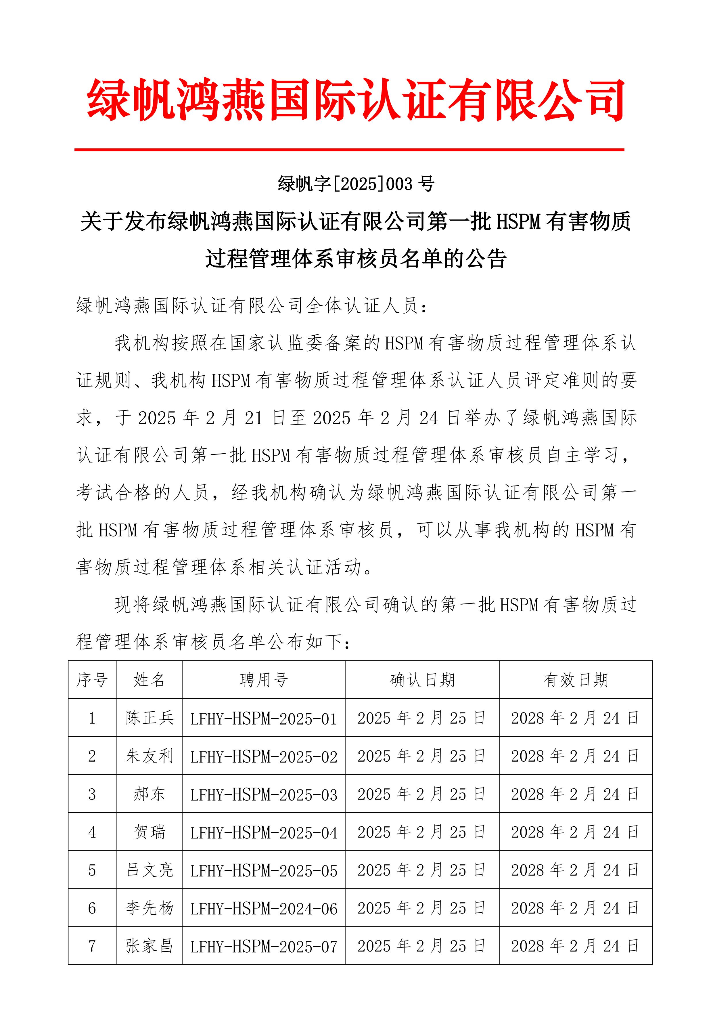 06==關于發布綠帆鴻燕國際認證有限公司第一批HSPM有害物質過程管理體系認證審核員名單的公告20250225_00